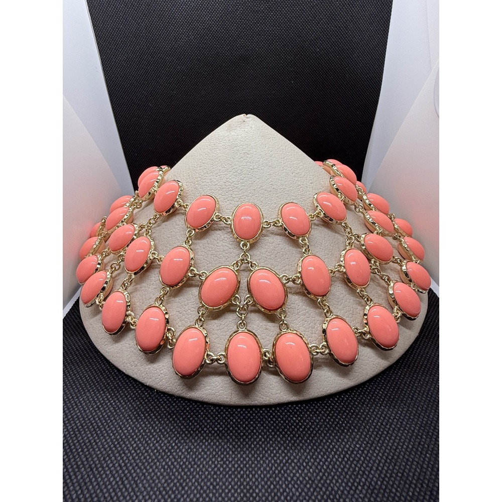 Amrita Singh Coral Pink Cabochon Bib Necklace Gold Tone Statement Jewelry